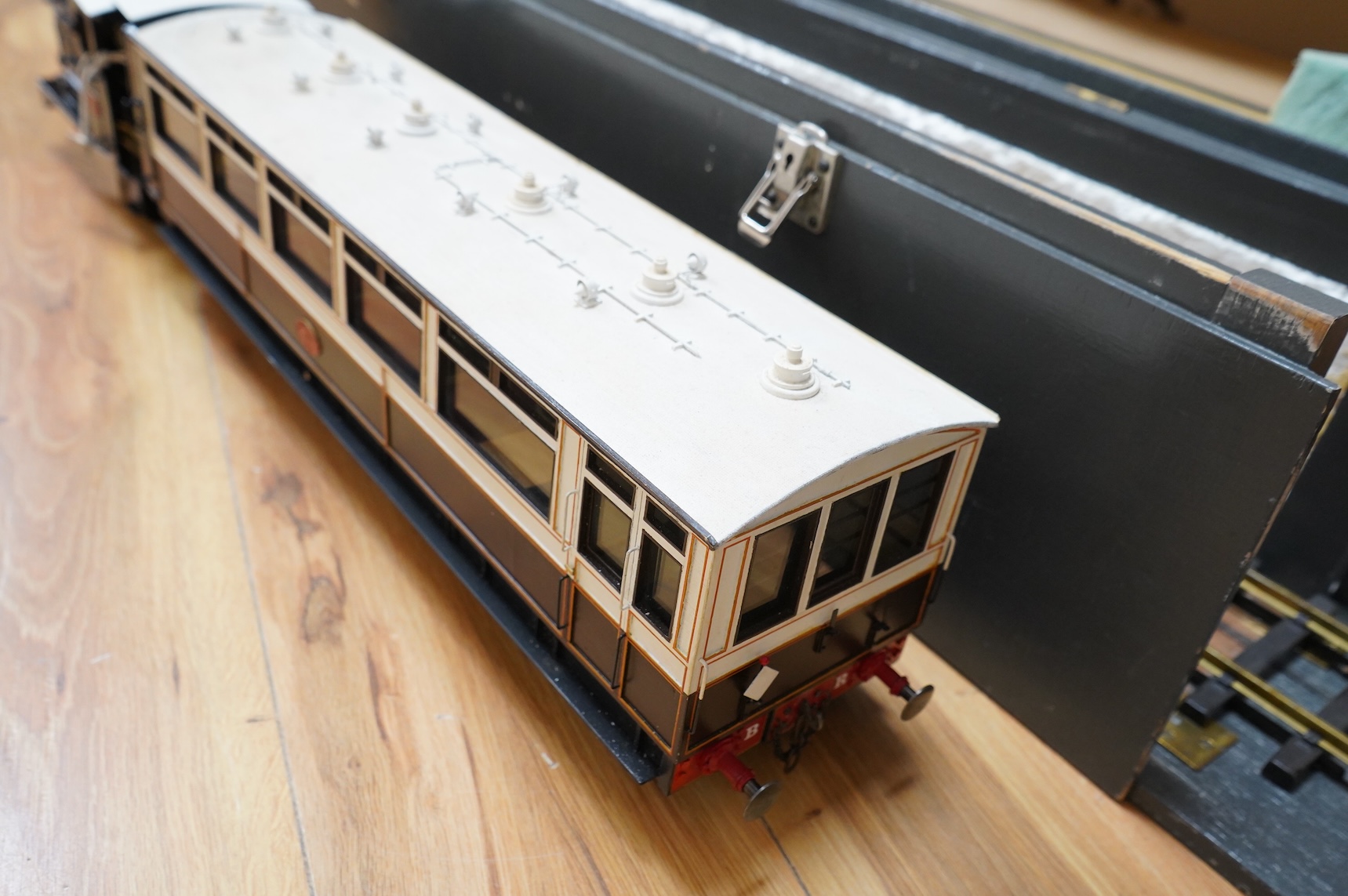 A GNSR (Great Northern Scottish Railway) live steam railcar, built by Richard Lewis and gauged for Gauge 3, originally constructed to run on 45mm rails, and built from a roundhouse chassis and boiler, gas fired with two